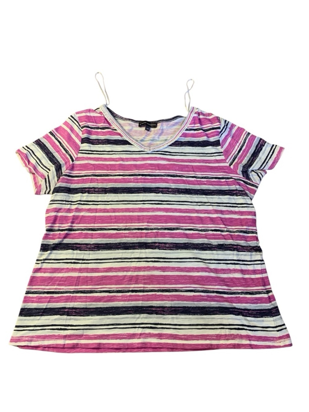 63. Classic Editions Striped V-Neck T-Shirt | Pink Purple Navy White Size Large